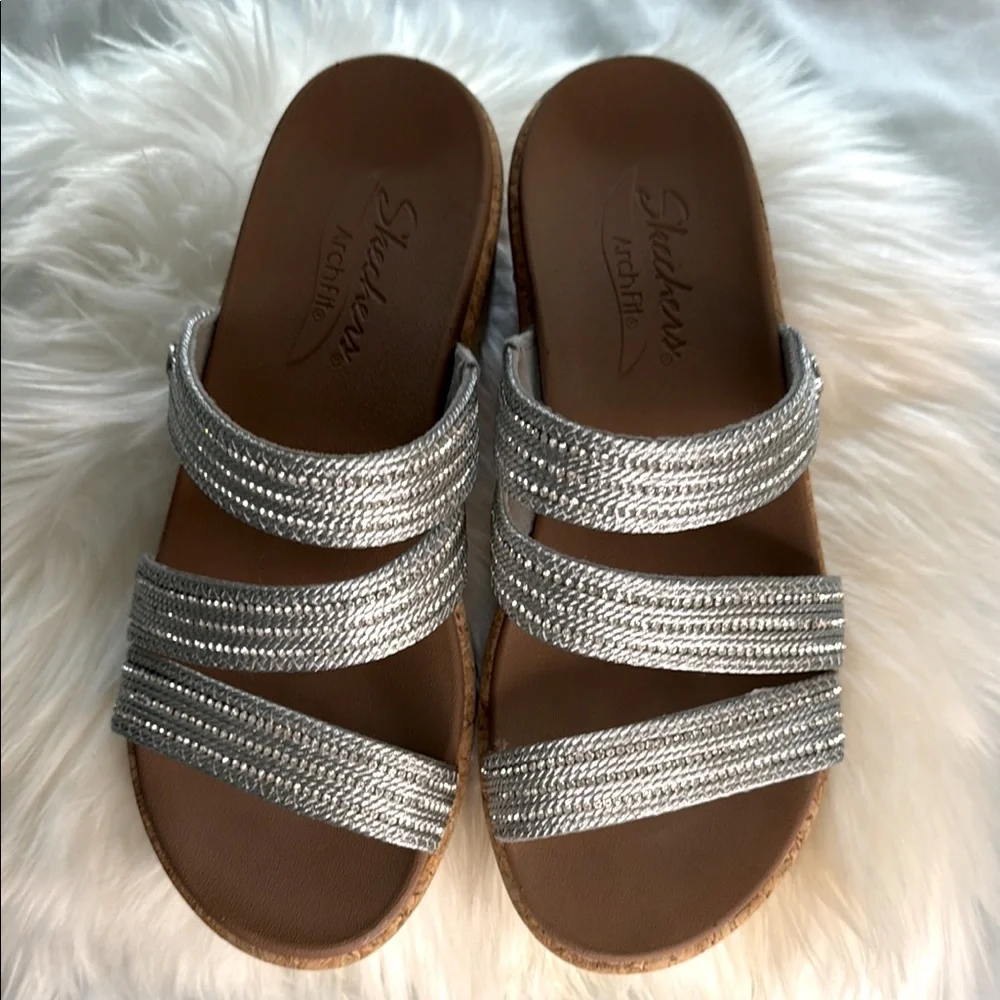 Skechers Silver Rhinestone Slide Wedge Sandals Cork Heel - Picture 2 of 12